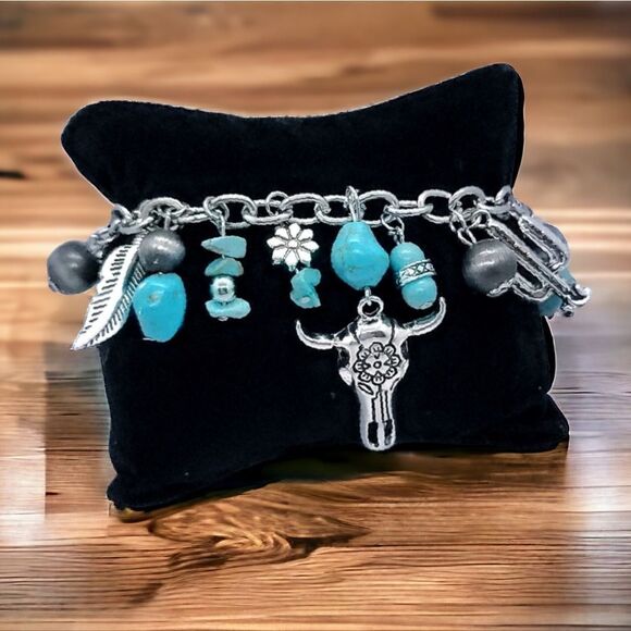 Turquoise Longhorn Western Charm Bracelet Beaded Cowgirl Cactus Feather Bohemian - Picture 1 of 6